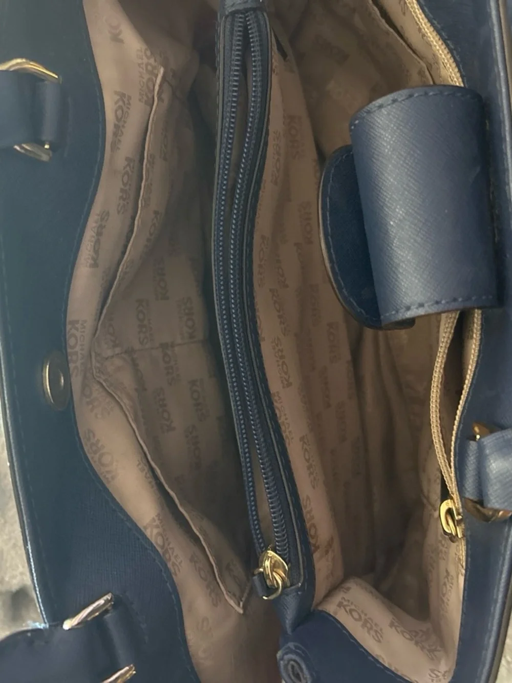 Michael Kors Blue Floral Signature Canvas Zip Tote with Gold Charm